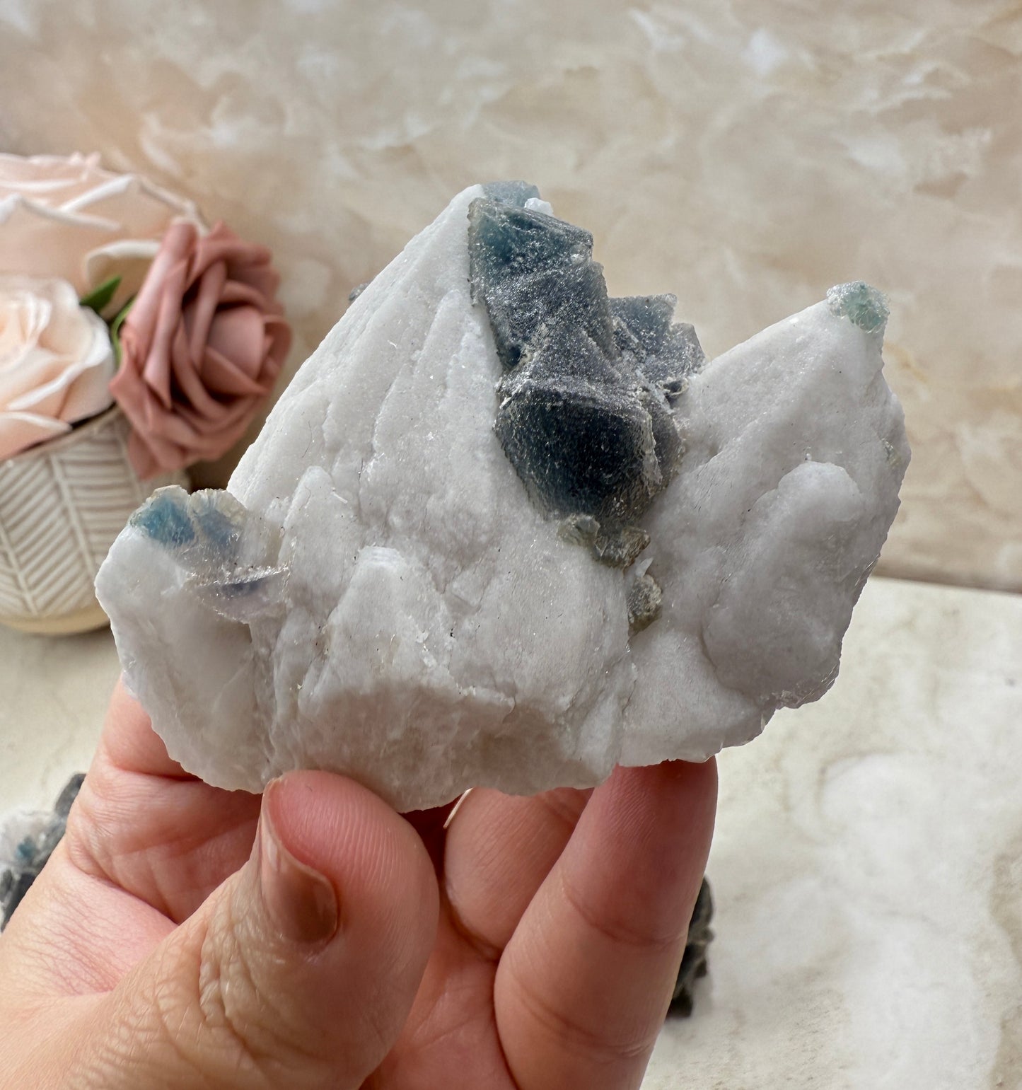 Octohedrical Fluorite on Candle Quartz