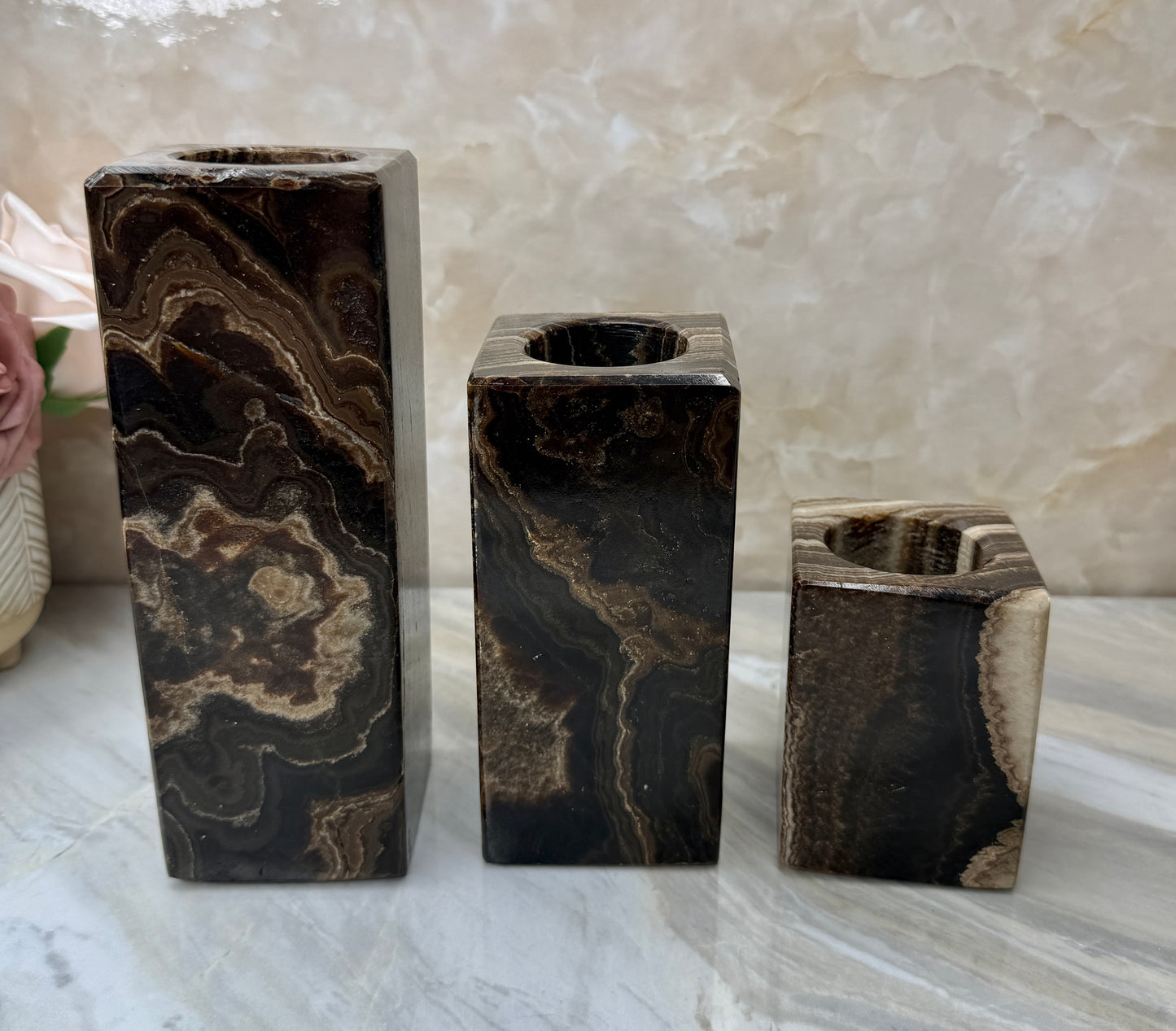 Chocolate Calcite Candle Holder Set
