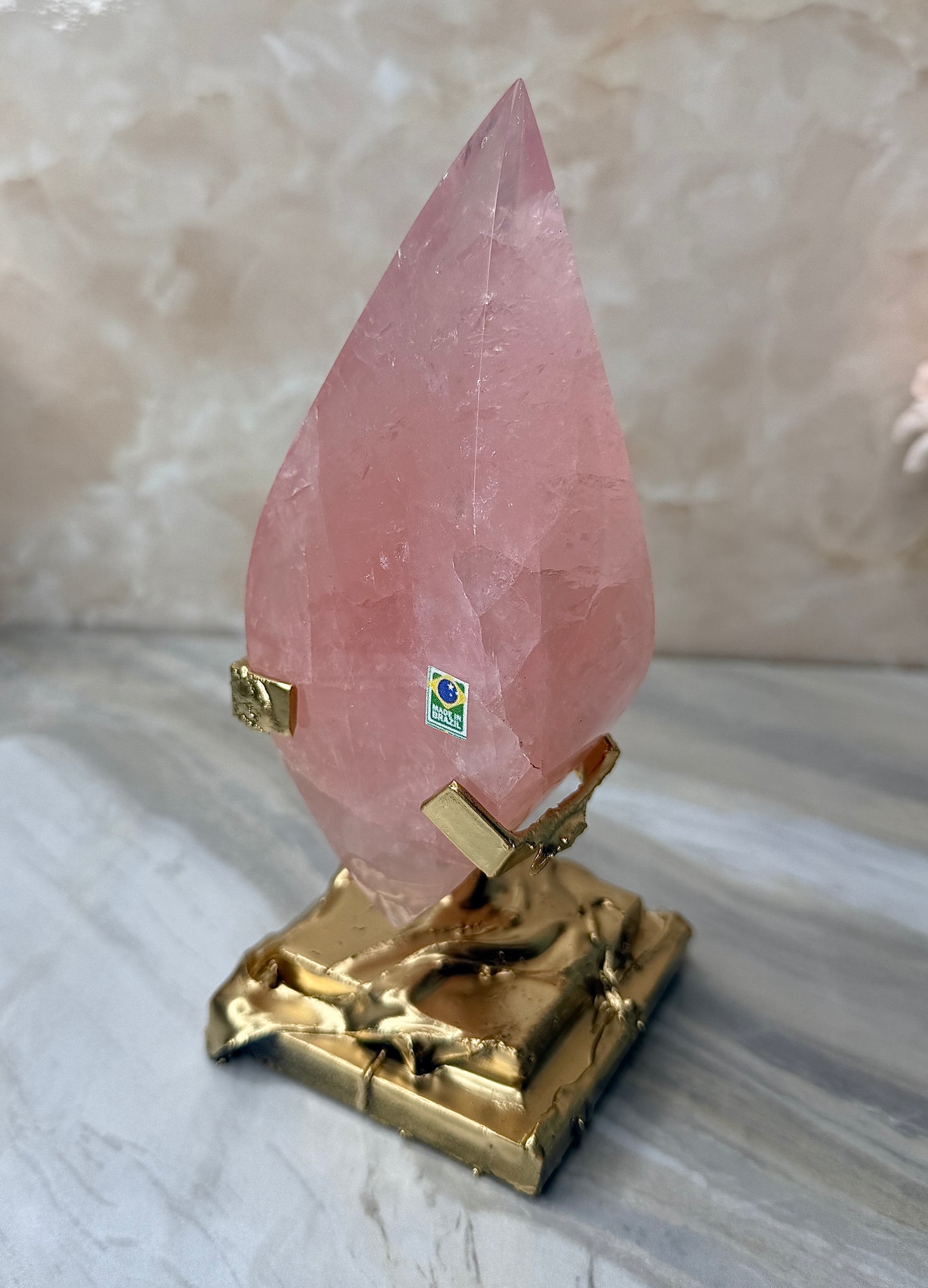 Rose Quartz Double Flame on Gold Stand from Brazil