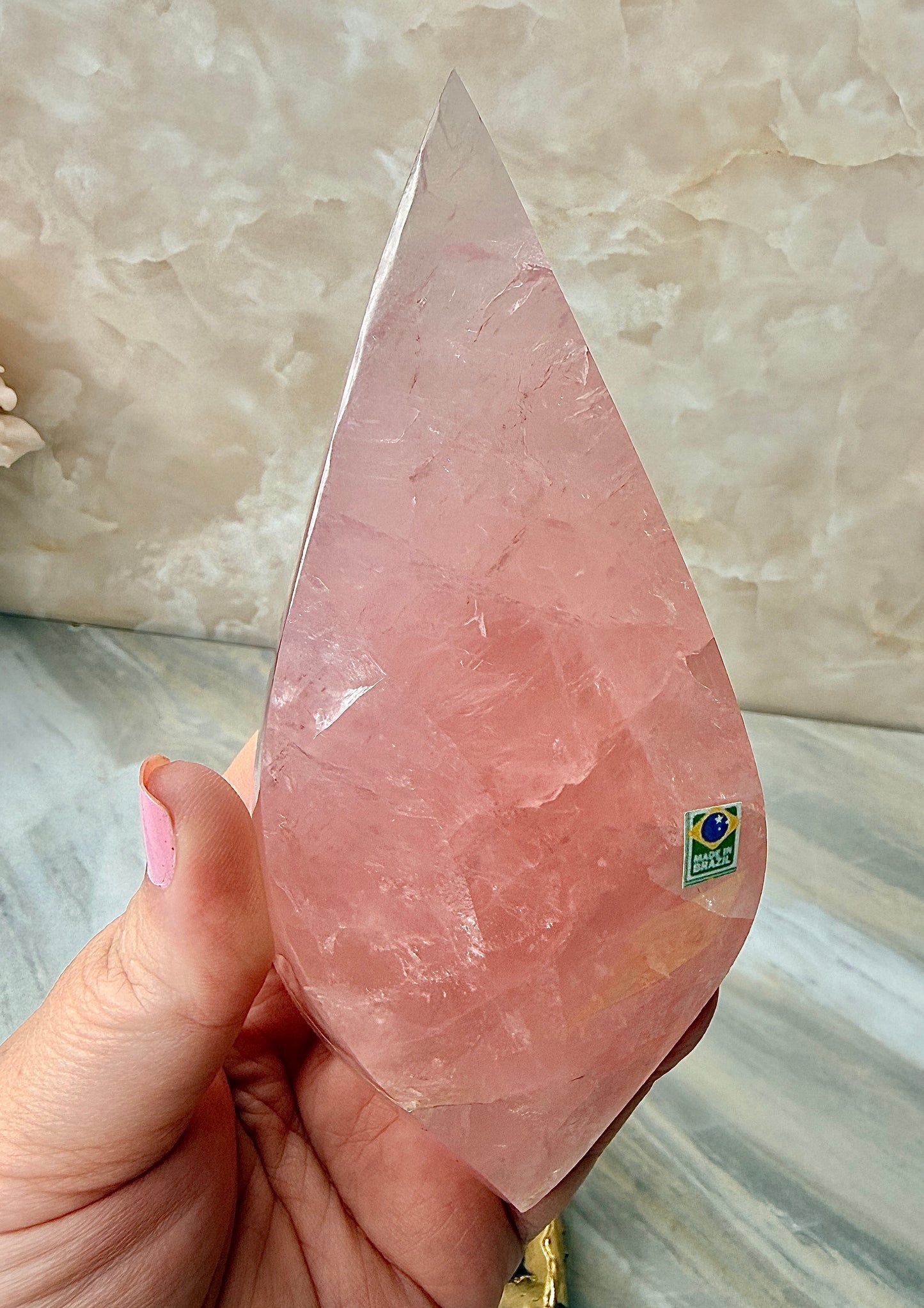 Rose Quartz Double Flame on Gold Stand from Brazil