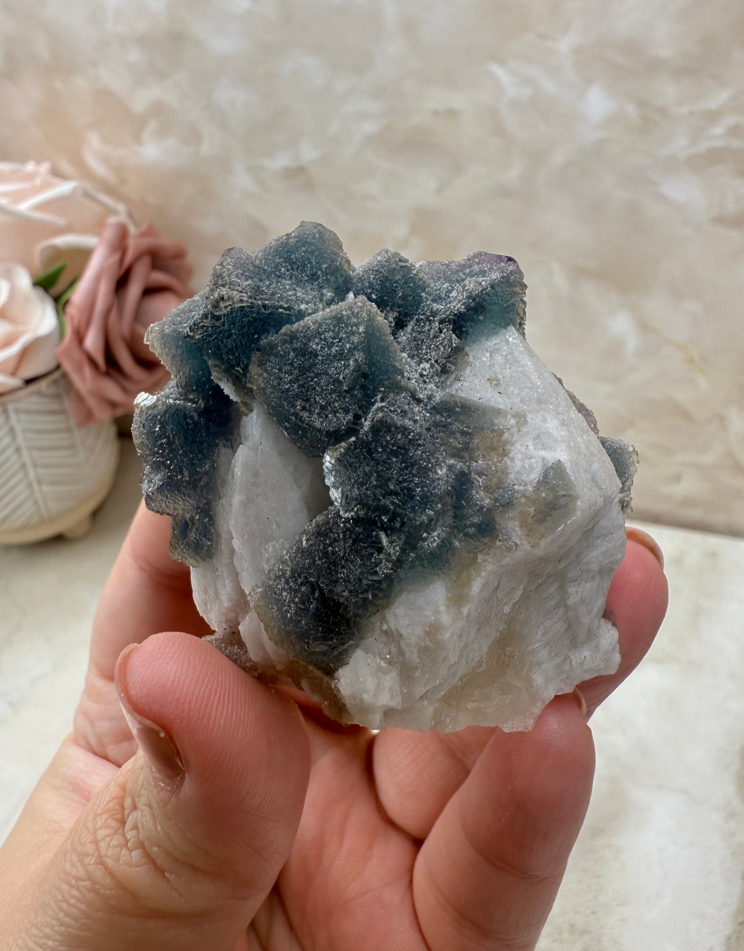 Octohedrical Fluorite on Candle Quartz