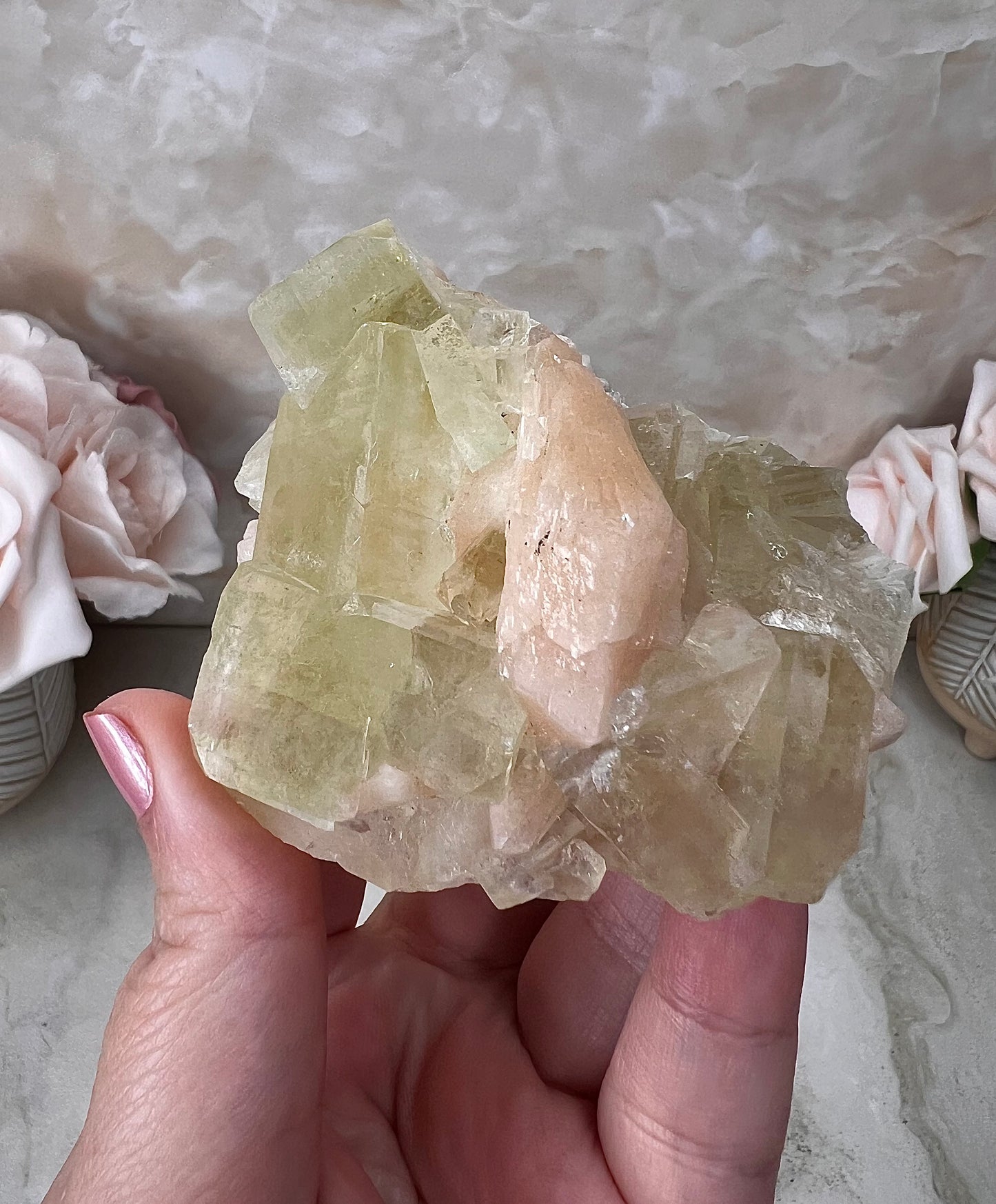 Green Apophyllite with Peach Stilbite