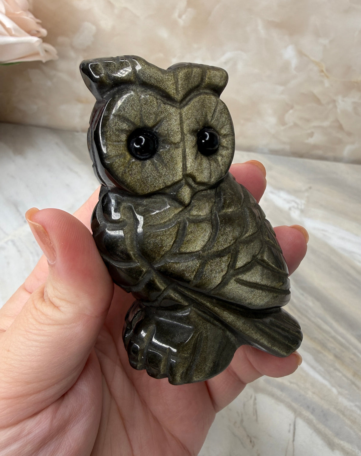 Gold Sheen Obsidian Owl Carving