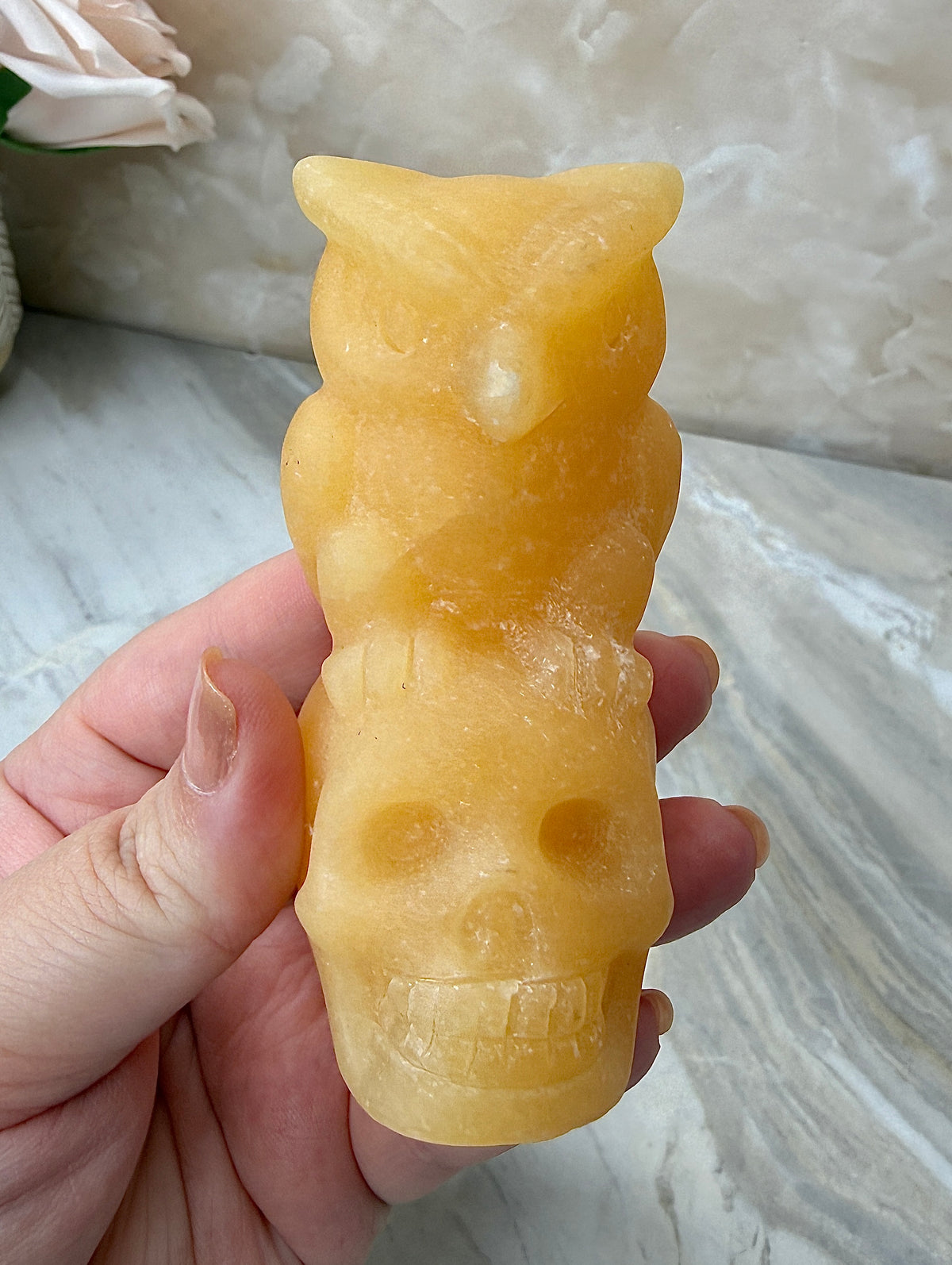 Orange Calcite Owl & Skull Carving