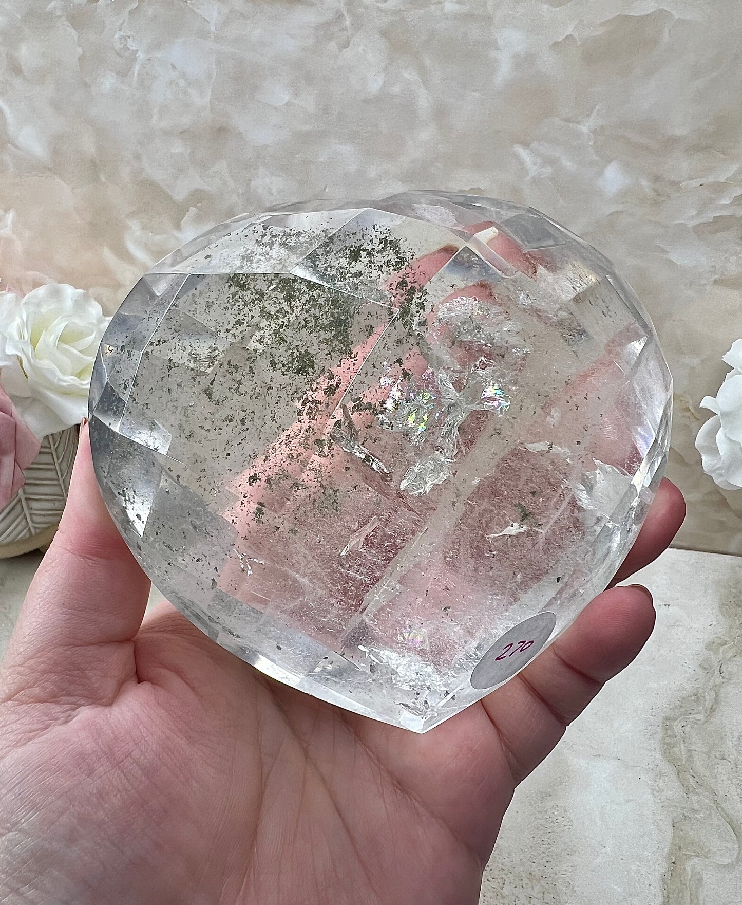 Faceted Clear Quartz Heart with Chlorite from Brazil