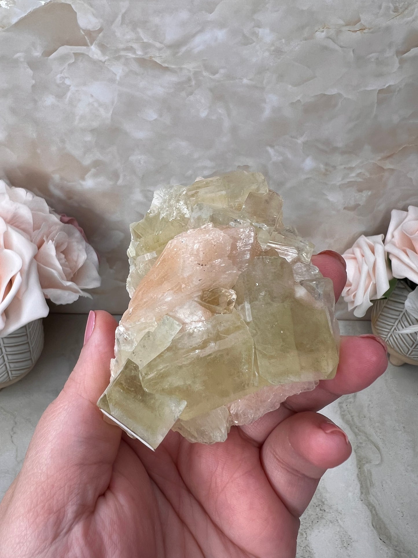 Green Apophyllite with Peach Stilbite