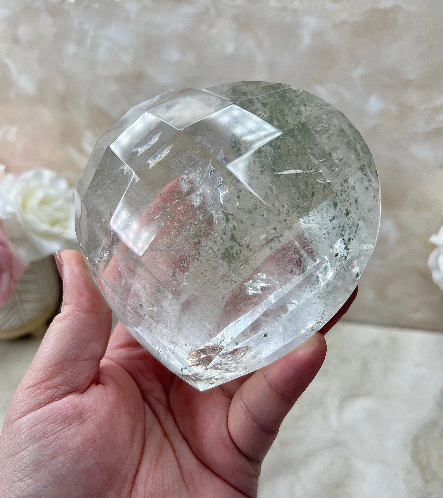 Faceted Clear Quartz Heart with Chlorite from Brazil
