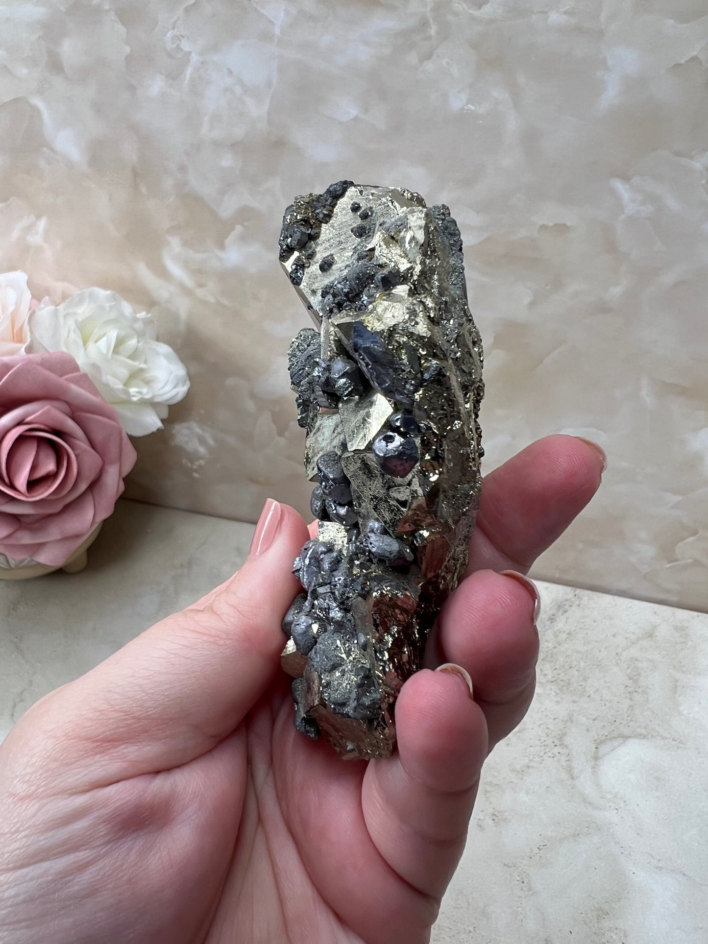 Octahedral Peruvian Pyrite with Galena Cluster