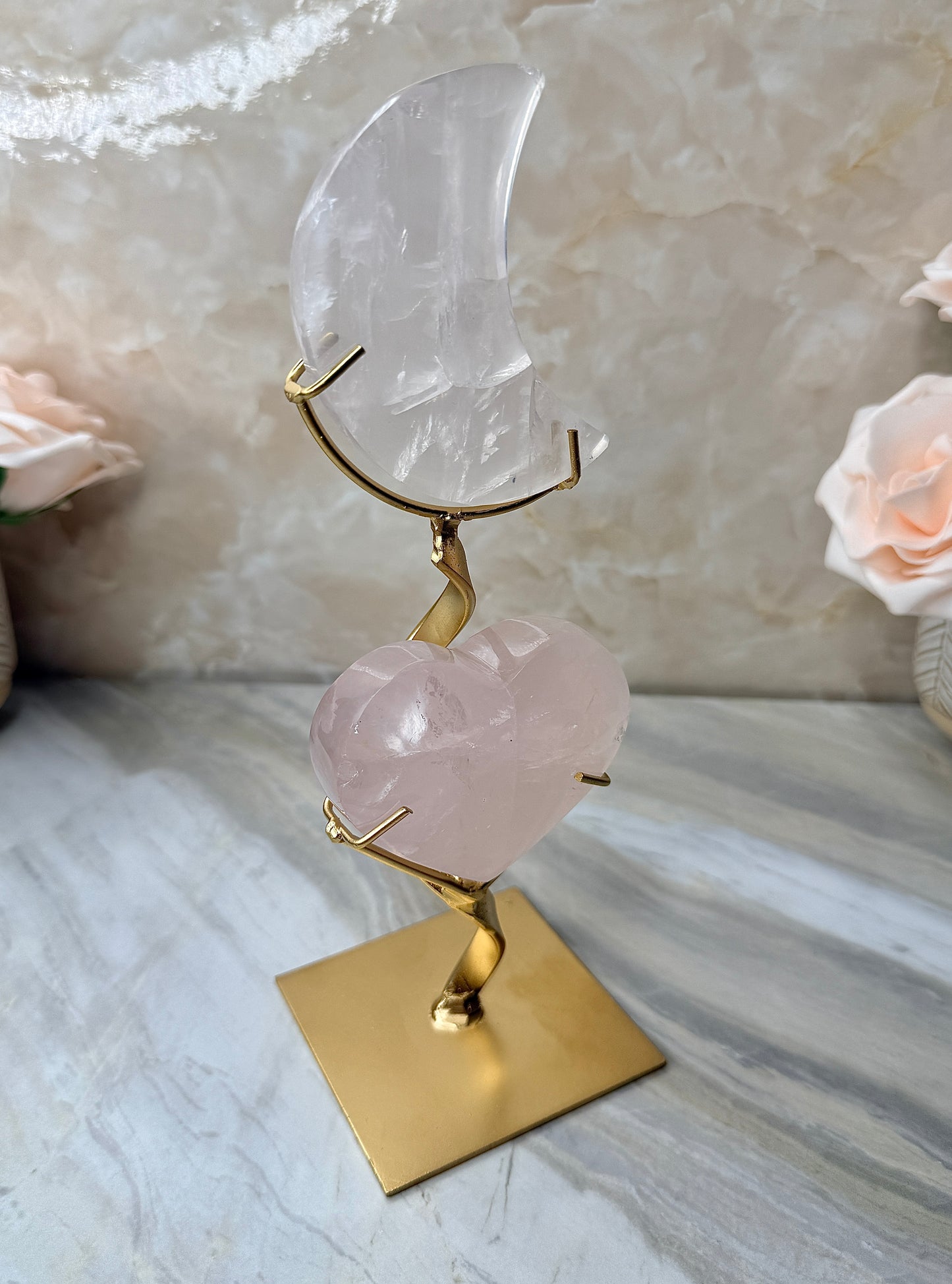 Custom Girasol Rose Quartz Moon & Heart from Brazil