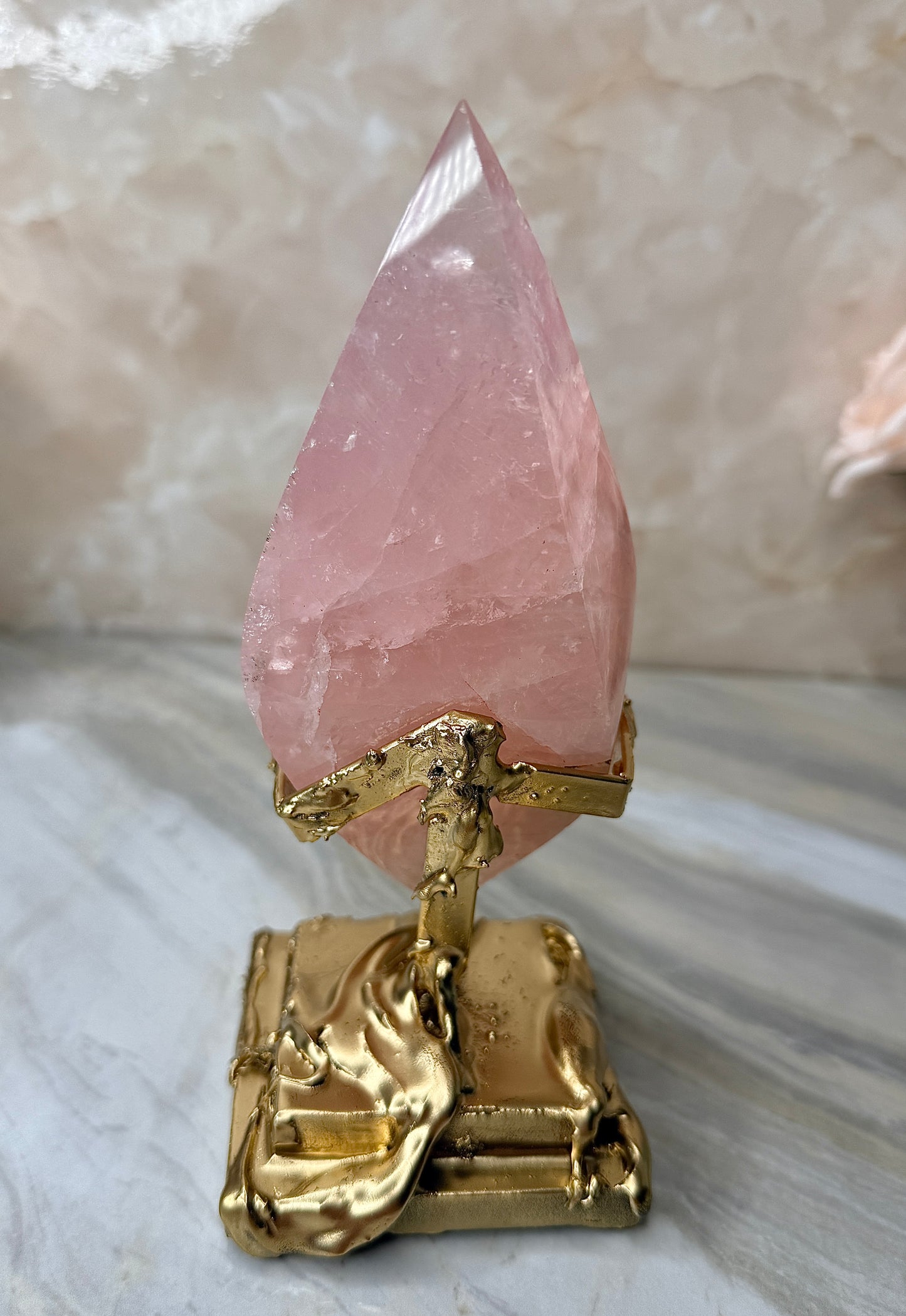 Rose Quartz Double Flame on Gold Stand from Brazil