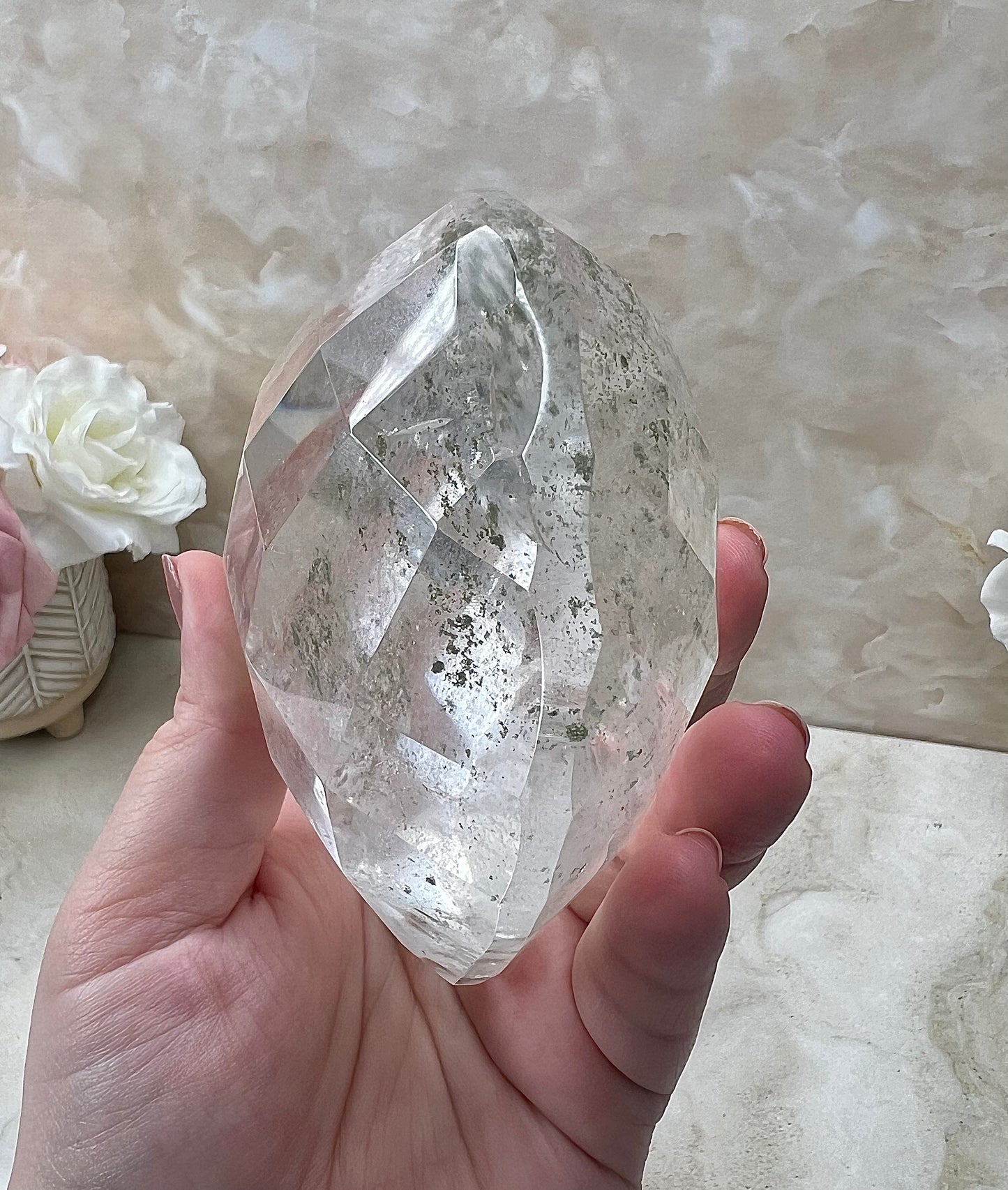 Faceted Clear Quartz Heart with Chlorite from Brazil
