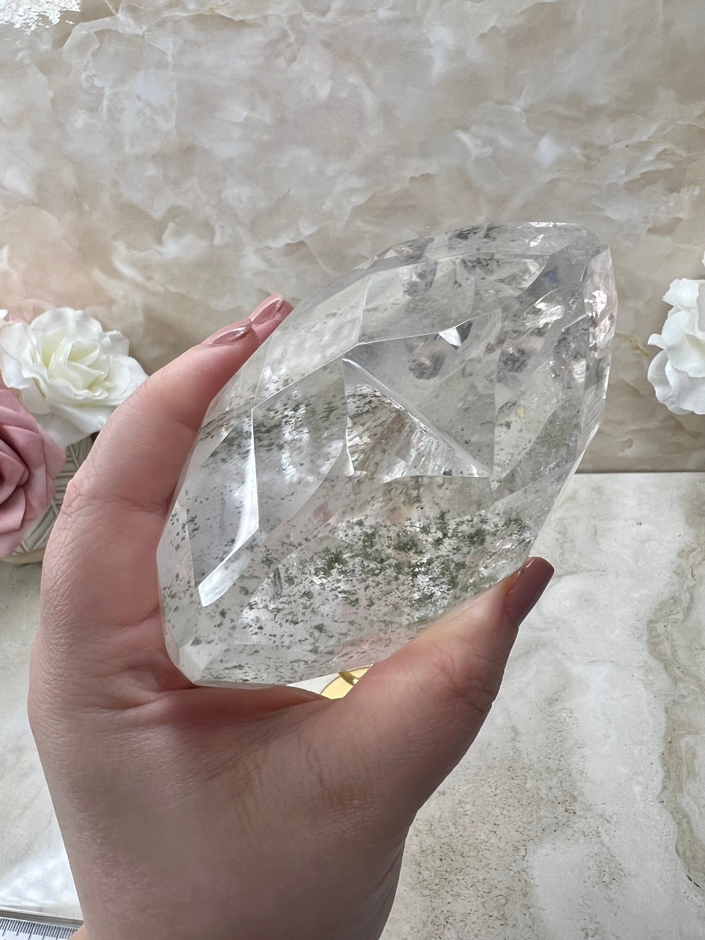 Faceted Clear Quartz Heart with Chlorite from Brazil