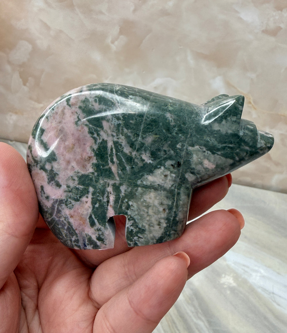 Green & Pink Dolomite Bear Carving