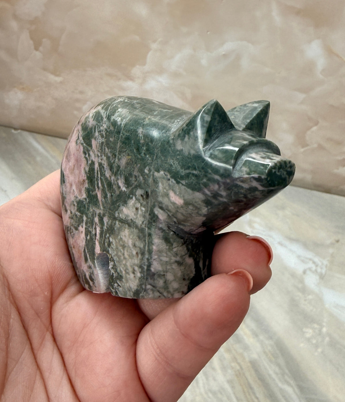 Green & Pink Dolomite Bear Carving