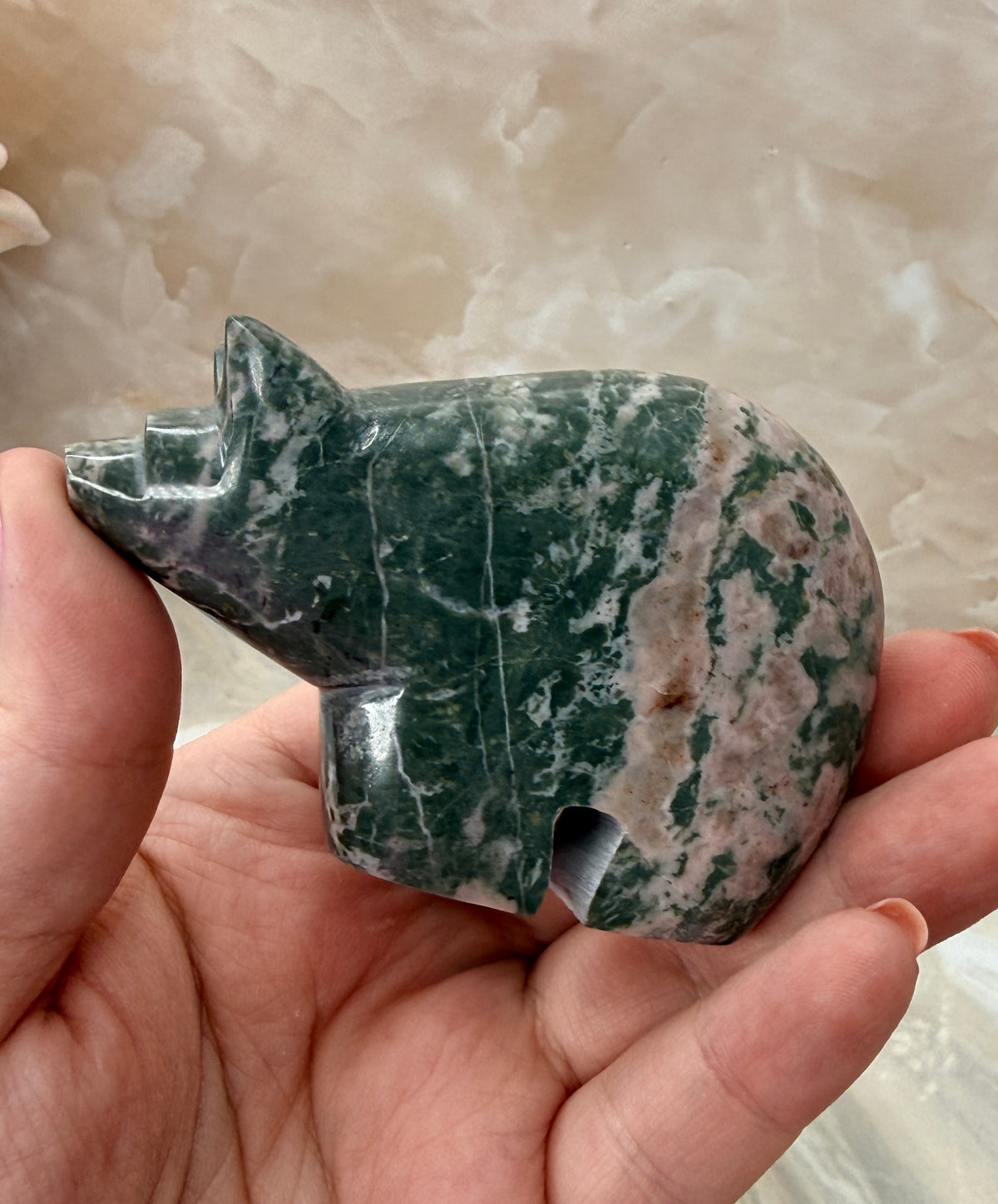 Green & Pink Dolomite Bear Carving