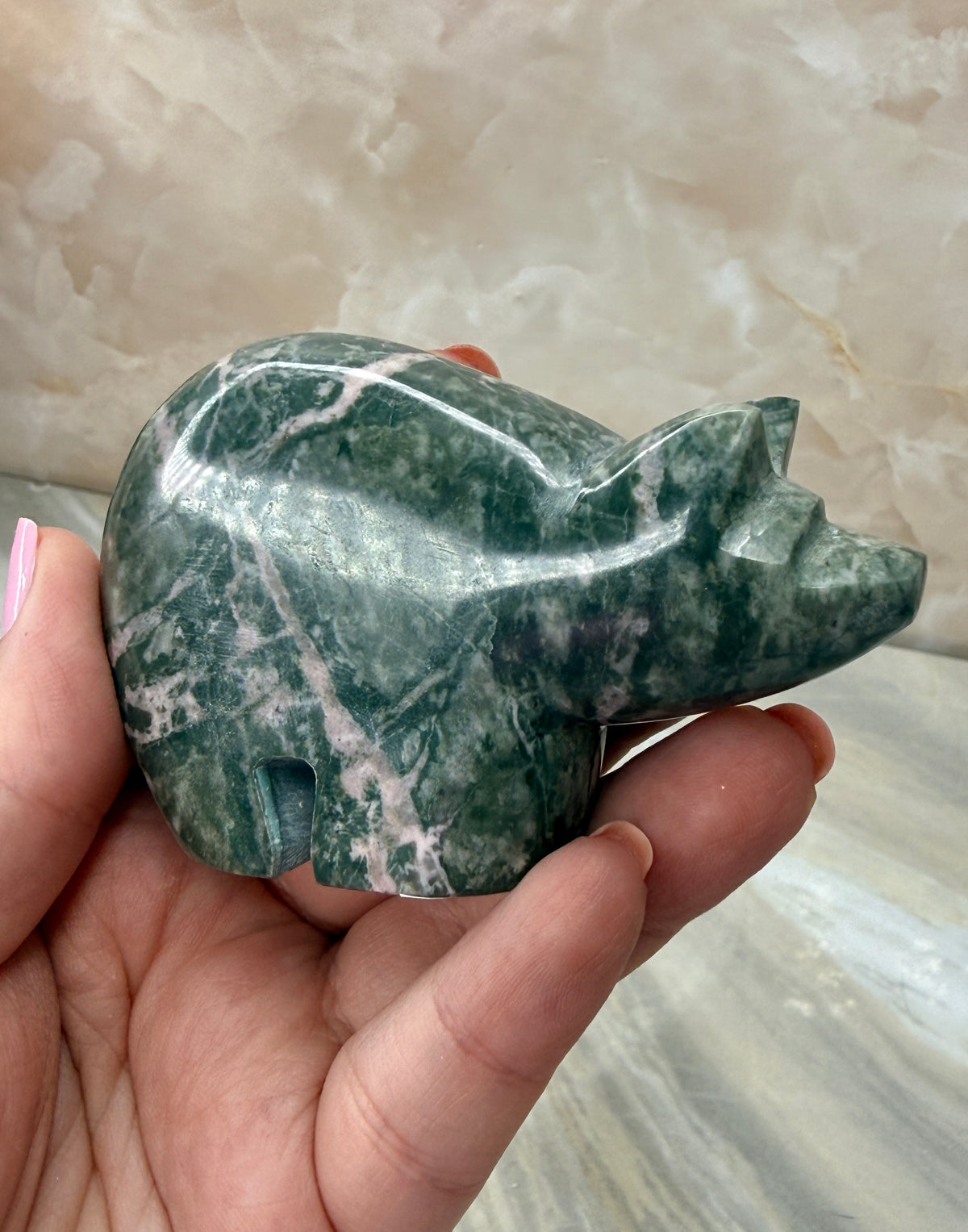 Green & Pink Dolomite Bear Carving