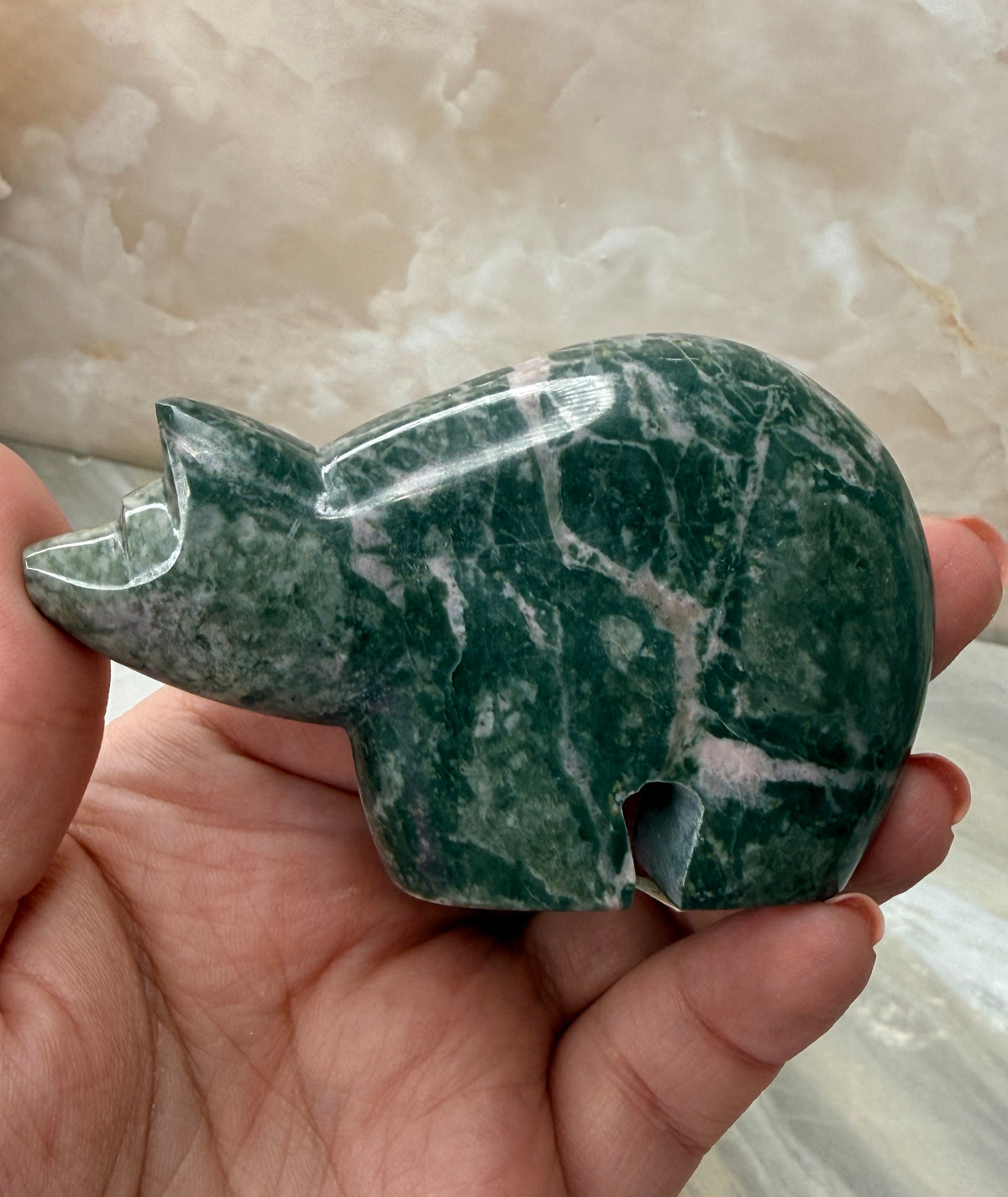 Green & Pink Dolomite Bear Carving