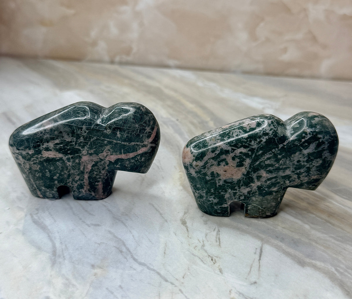 Green & Pink Dolomite Buffalo Carving