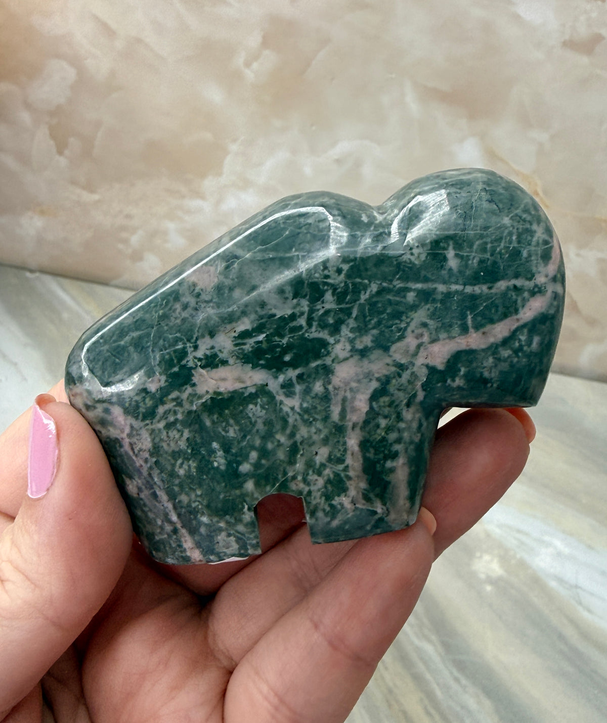 Green & Pink Dolomite Buffalo Carving