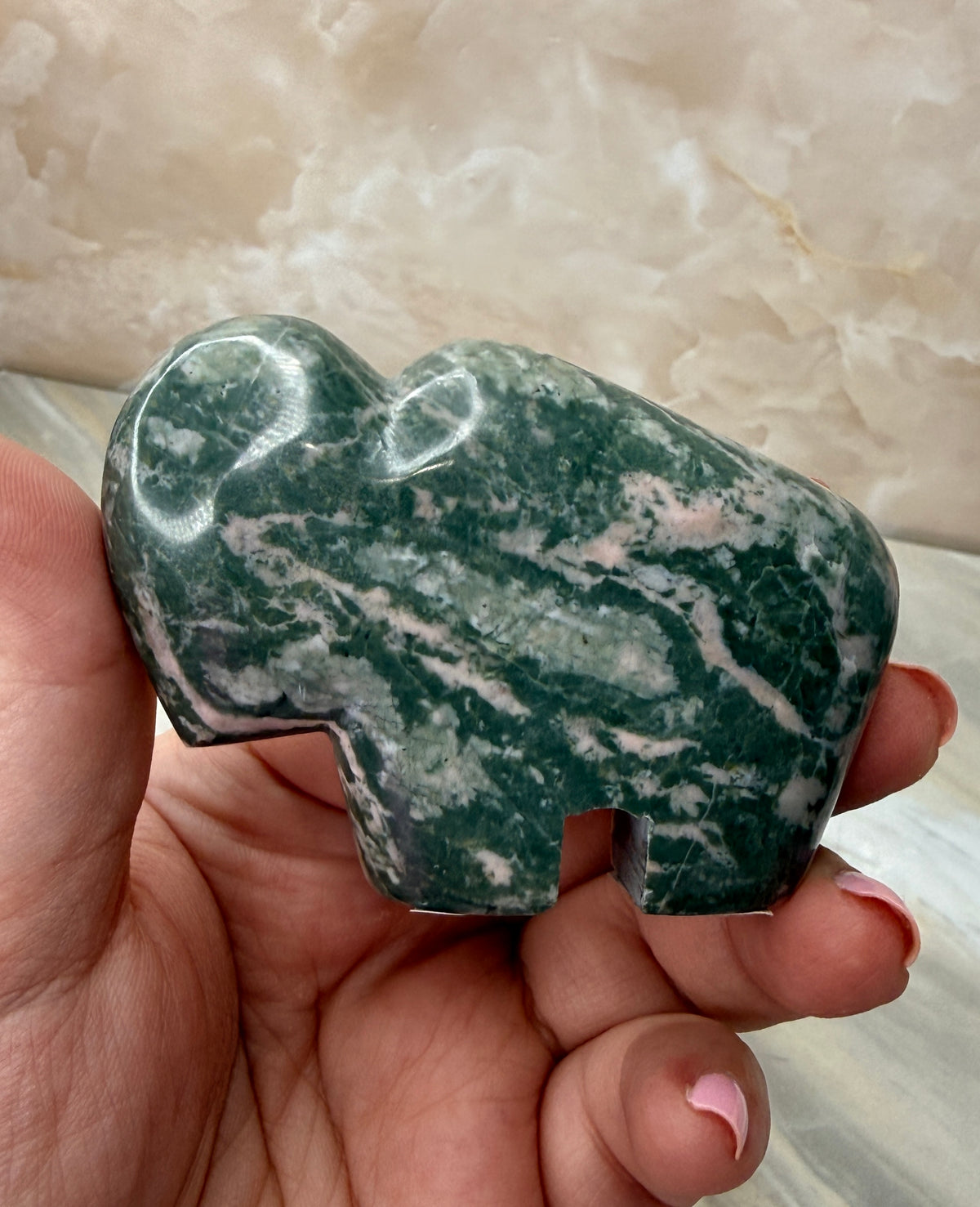 Green & Pink Dolomite Buffalo Carving