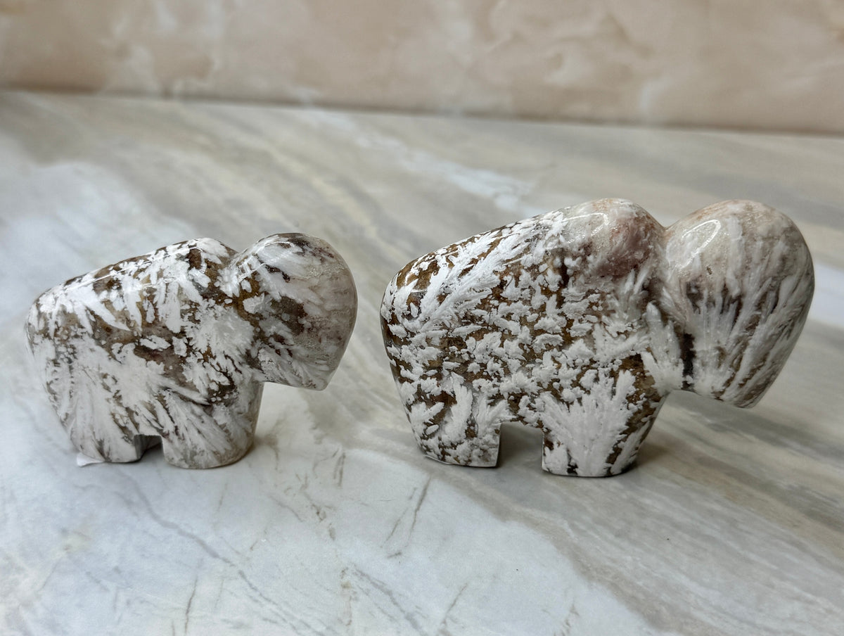 Snow Plum Agate Buffalo Carving