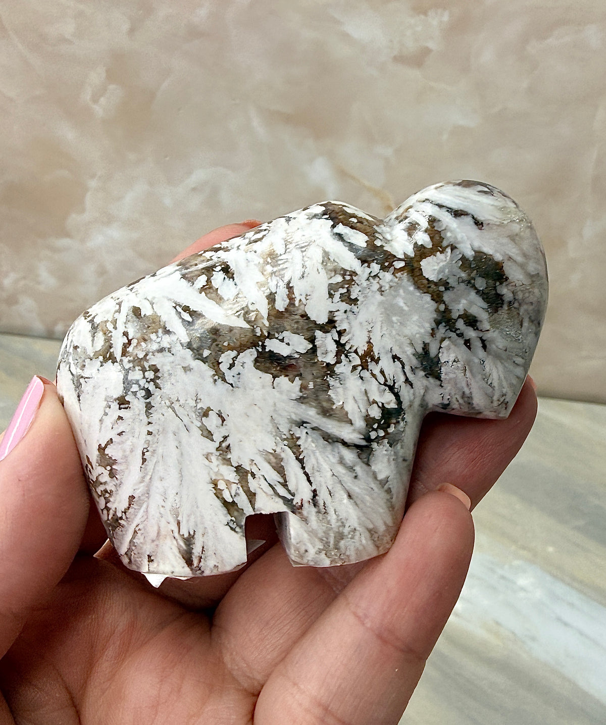 Snow Plum Agate Buffalo Carving