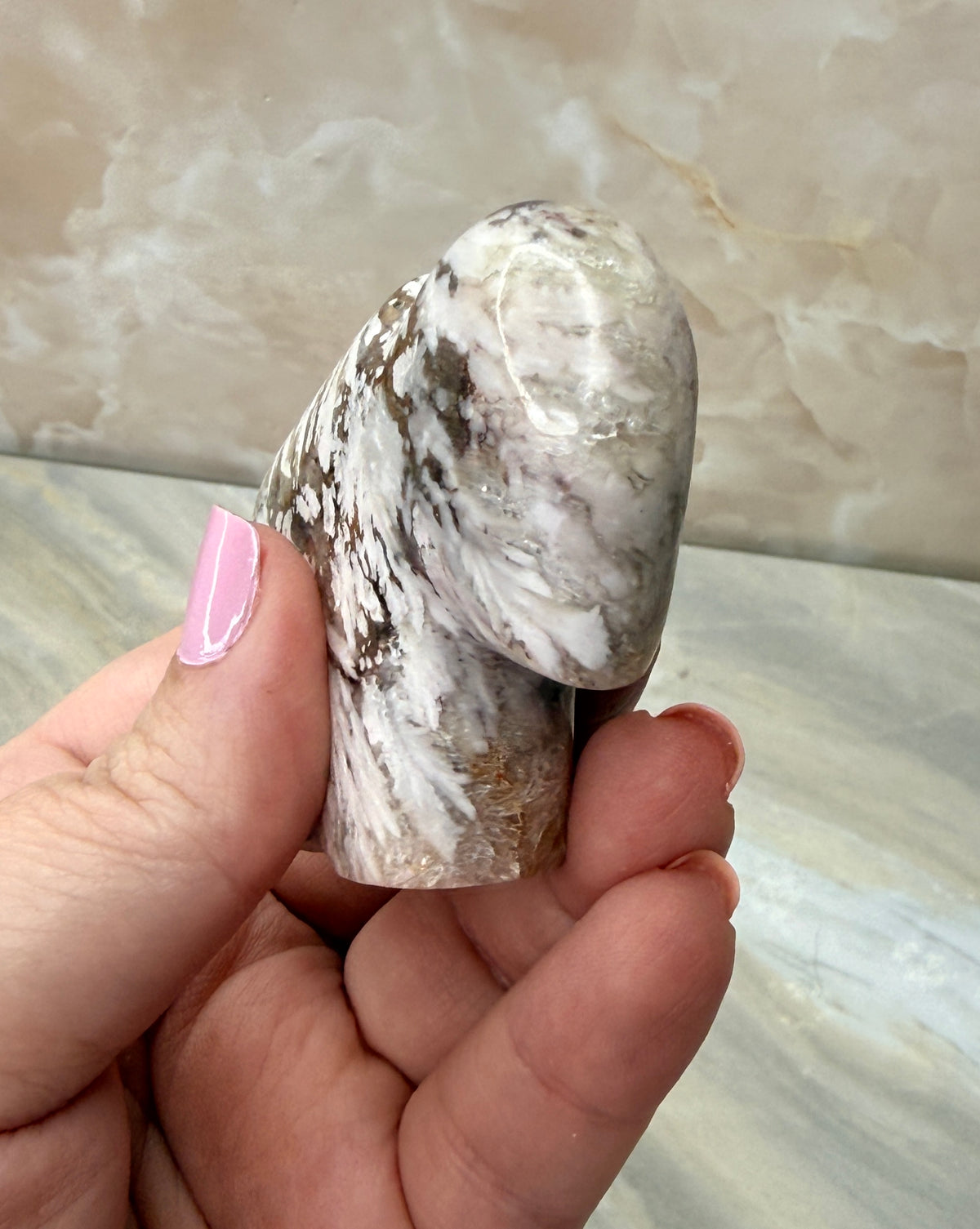 Snow Plum Agate Buffalo Carving