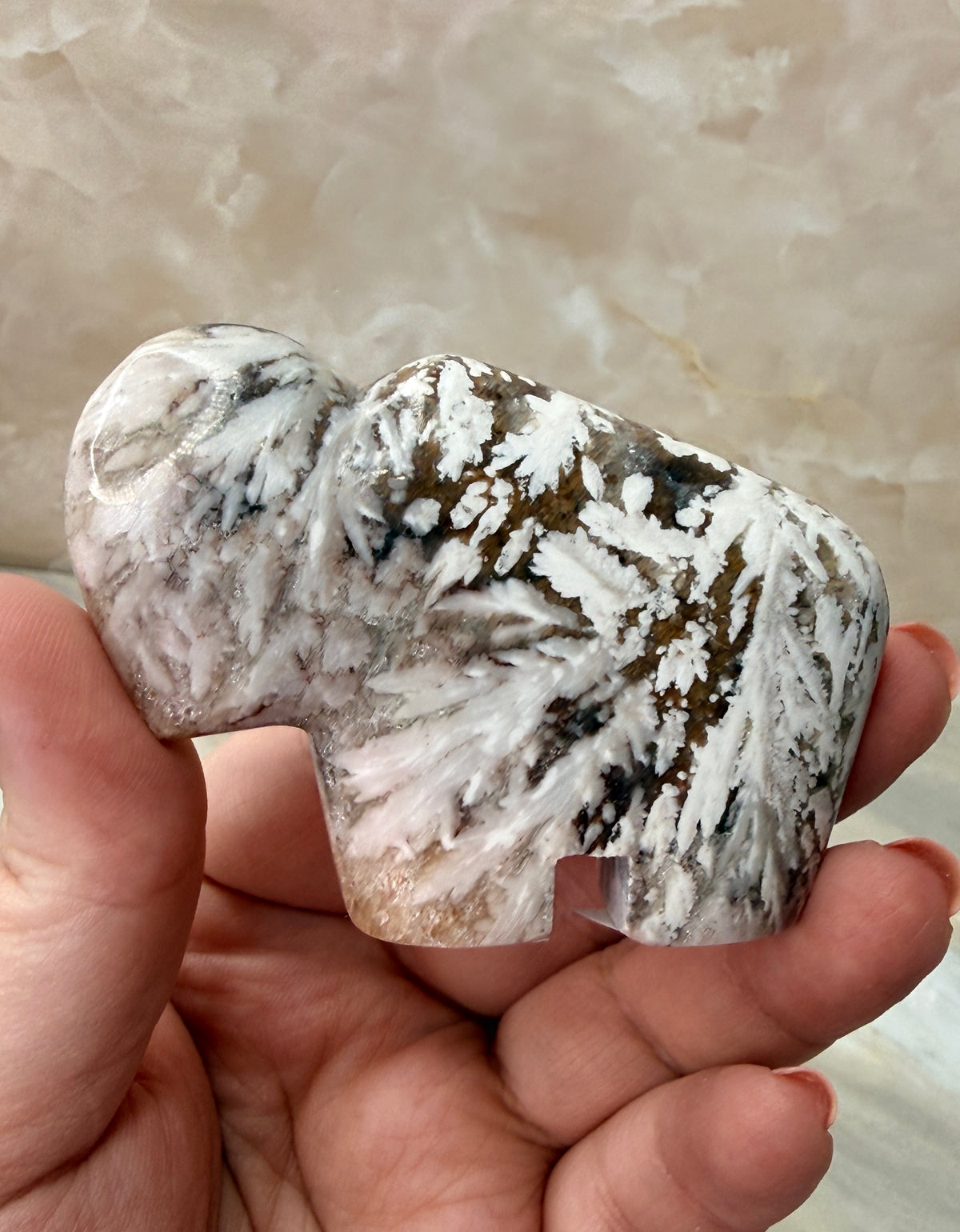 Snow Plum Agate Buffalo Carving