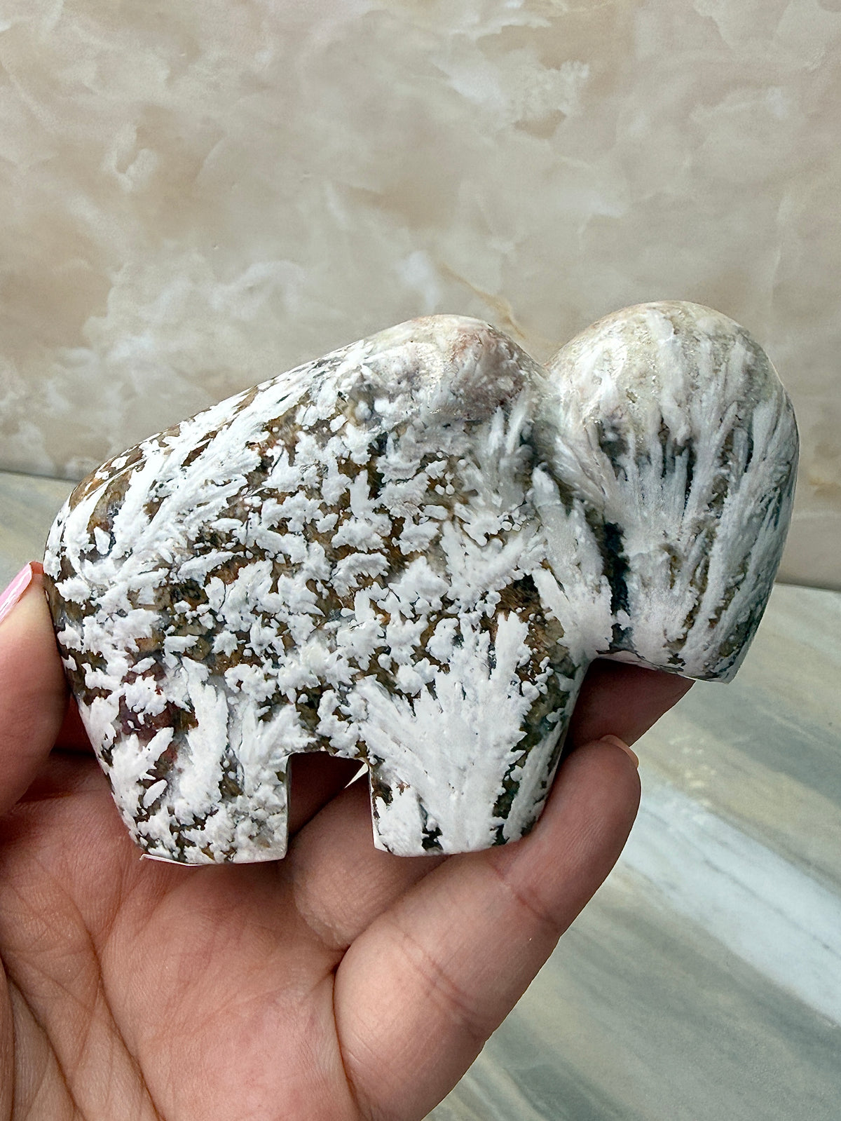 Snow Plum Agate Buffalo Carving