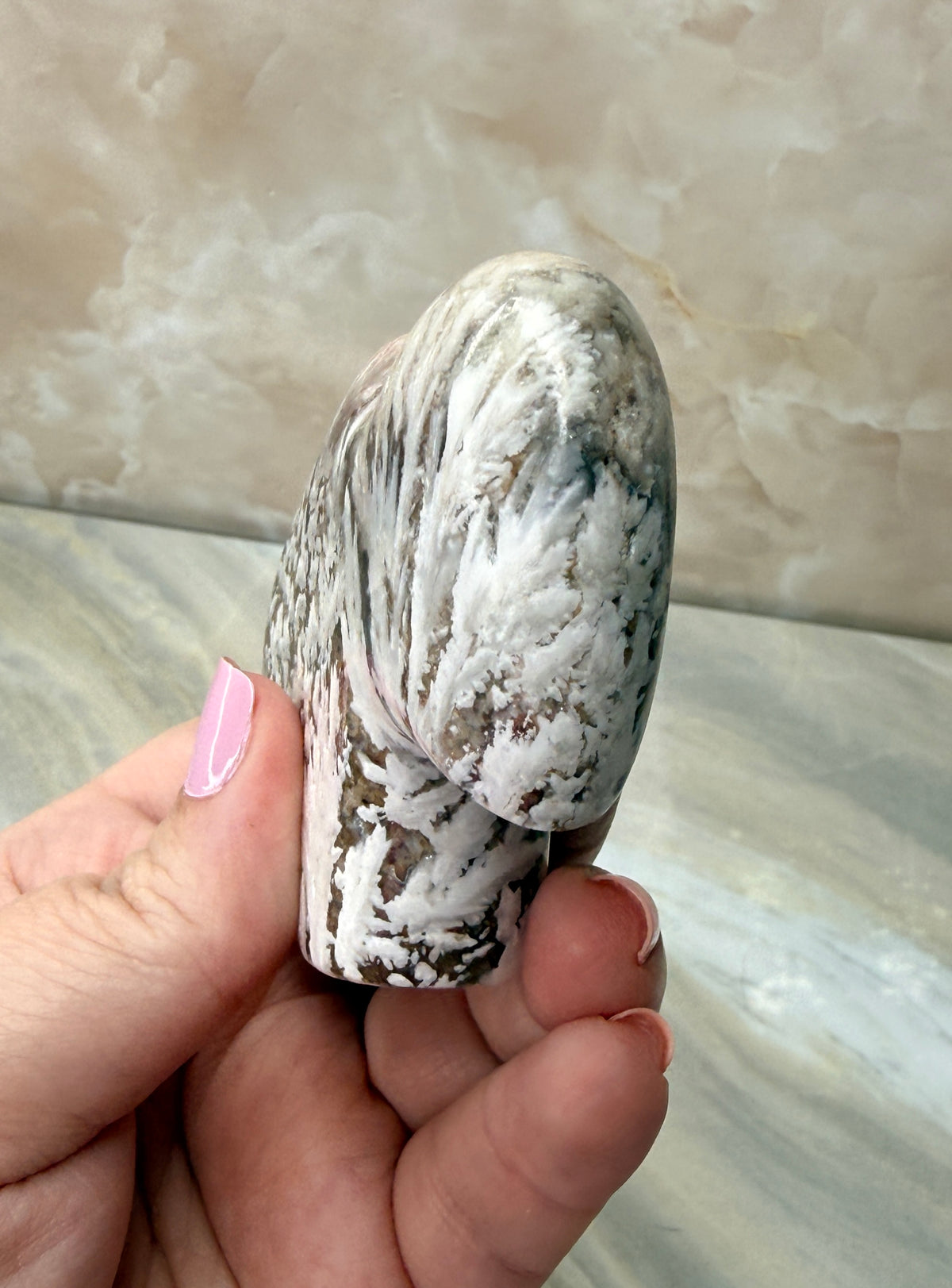 Snow Plum Agate Buffalo Carving
