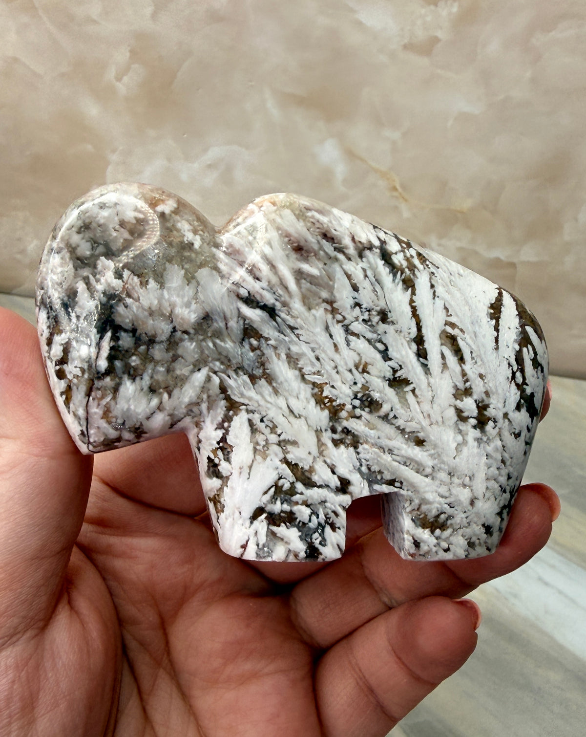 Snow Plum Agate Buffalo Carving