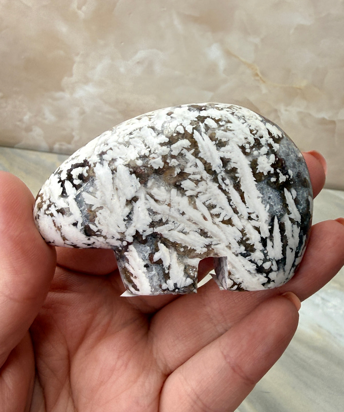 Snow Plum Agate Bear Carving